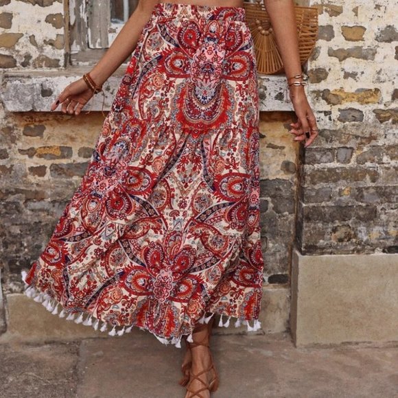 Boho Paisley Floral Skirt Fringe Hem Red - Picture 4 of 7